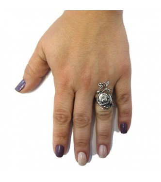 R000262 Long Genuine Handmade Sterling Silver Ring Solid 925 Flower Empress 